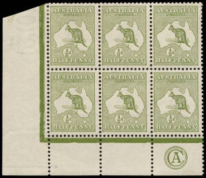 ½d Green, lower left corner block of 6, with CA Monogram and variety "Retouched break in shading over AU of AUSTRALIA" [2L55]. MUH/M. BW:1(2)za - $1200+.