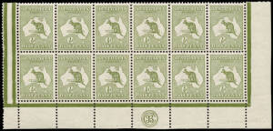 &frac12;d Green, lower marginal block of 12 from the right pane, with full margins and incorporating the JBC Monogram. MUH/MLH. BW:1(2)zc. - $1000+.