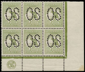 ½d Green, perforated Large OS, JBC Monogram corner block of 6 from the right pane, MUH; small discolouration in lower right corner of margin. BW:1(2)zc - $1000+ but not priced perf.OS.