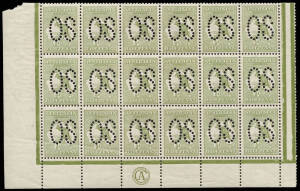 ½d Green, perforated Large OS, CA Monogram block of 18 from the left pane, also showing the "Retouched Break in shading over AU of AUSTRALIA" at 2L55. Stamps all MUH, a couple with minor gum bends; MLH in margin. BW:1(2)za. -$1200 - but unpriced perf.OS.