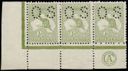 ½d Pale Green, perforated Small OS, lower left corner strip of 3 with CA Monogram, the piece incorporating the "Retouched break in shading above AU of AUSTRALIA" variety. MUH/MLH. BW:1(2)za. - $1200 - but unpriced perf.OS.