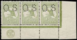 &frac12;d Green, perforated Small OS, JBCMonogram corner strip of 3 from the right pane; cpl. minute tone spots on gum. MUH/MLH. BW:1(2)zc. - $1000 - but unpriced perf.OS.