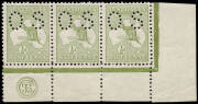 ½d Green, perforated Small OS, JBCMonogram corner strip of 3 from the right pane; cpl. minute tone spots on gum. MUH/MLH. BW:1(2)zc. - $1000 - but unpriced perf.OS.