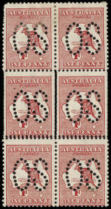 1d Red (Die 1) perforated Large OS, block of 6, the central 2 units showing doubled perforations vertically; the lower 4 units showing doubled horizonal perforations between the two pairs. Additionally, unit L37 with "White scratch from L of AUSTRALIA nea