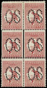 1d Red (Die 1) perforated Large OS, block of 6, the central 2 units showing doubled perforations vertically; the lower 4 units showing doubled horizonal perforations between the two pairs. Additionally, unit L37 with "White scratch from L of AUSTRALIA nea