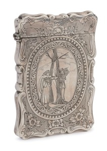 An antique sterling silver calling card case with floral engraved decoration, by Aston and Son of Birmingham, circa 1858, 10cm high