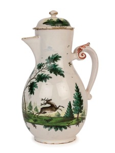 An antique French tin glazed earthenware coffee pot and cover, 18th century, 24cm high