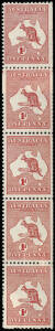 1d Red (Die 1) vertical coil strip of 5 with a CA Monogram [BW:2za] margin used as the coil join between the first and second units. MUH/M.