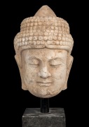 An antique Chinese carved marble Buddha head, late Ming Dynasty, 16th17th century, later stand, ​​​​​​​the head 32cm high - 2