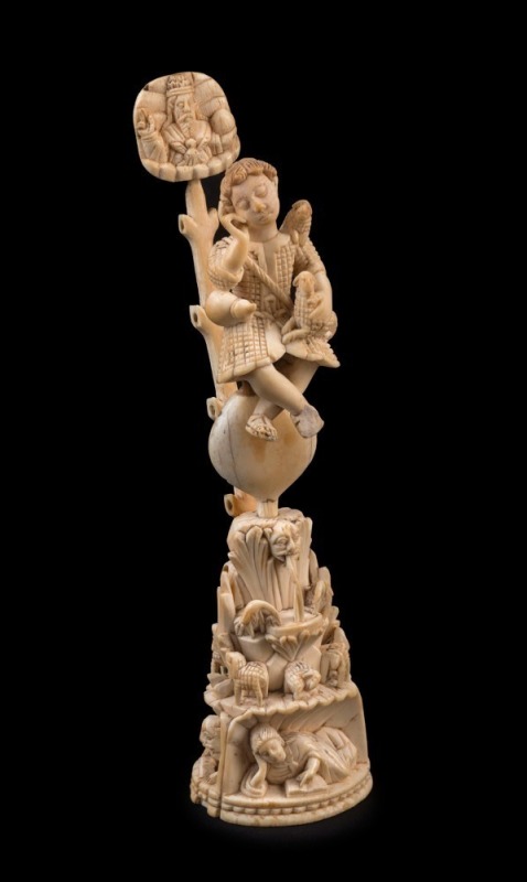 "THE GOOD PASTOR" Goanese carved ivory statue, circa 1650, 23cm high PROVENANCE: Private collection Melbourne, Blaine Collection, Hobart (1981), Spode Collection, Hobart (1952-1981), deaccessioned by the National Archaeological Museum, Naples, Italy.