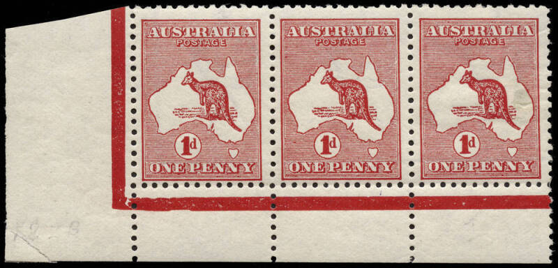 1d Red (Die 1) No Monogram corner strip of 3 from the left pane; one unit thinned and with a small repair at left. MUH/M. BW:2(1)z. - $1750.
