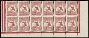 1d Red (Die 1) No Monogram block of 12 from the right pane and with complete margins on all 3 sides. Unit 56 with 2nd N in PENNY damaged at base. Stamps MUH; MLH in margin.