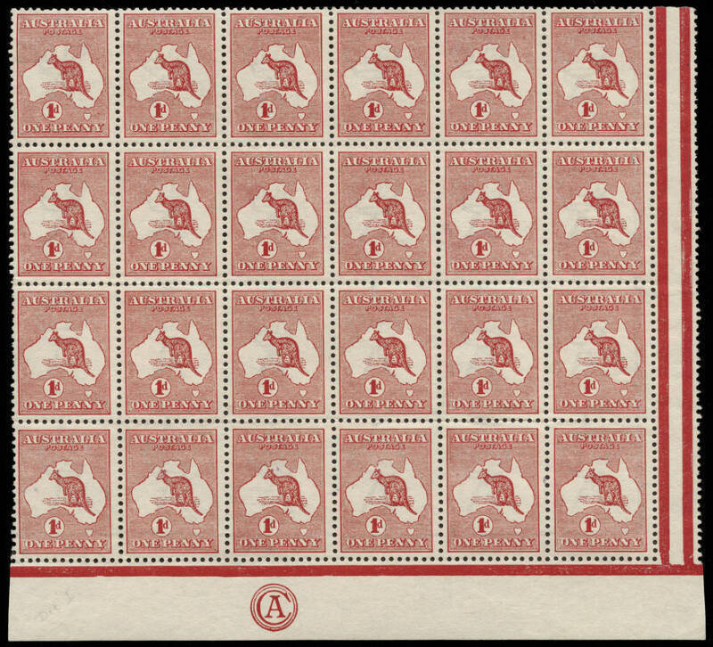 1d Red (Die 1) CA Monogram block of 24 from the left pane, with variety "White scratch from L of AUSTRALIA" near coast", MUH/MLH. BW:2(1)zb. - $1000.