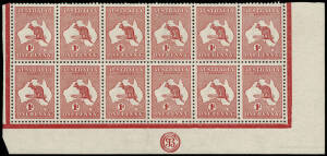 1d Red (Die 1), complete lower right block of 12 with JBC Monogram and full margins on 3 sides; R60 with variety "Colour joining inner and outer frames at lower right corner. MUH/MLH. BW:2zb+.