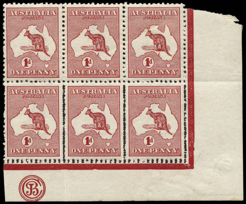 1d Red (Die 1), lower right corner block of 6 with JBC Monogram, the lower strip of 3 also showing doubled vertical perforations. One upper unit with minor gum tone spots. MUH/M. BW:2zb/b.