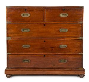 An Anglo-Indian teak campaign chest of drawers, early to mid 19th century, ​104cm high, 107cm wide, 48cm deep