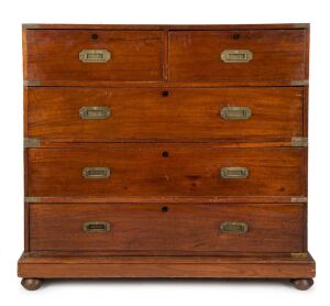 An Anglo-Indian teak campaign chest of drawers, early to mid 19th century, 104cm high, 107cm wide, 48cm deep