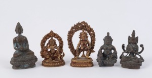 Five assorted cast bronze and metal Buddha statues, 20th century, the largest 9.5cm high