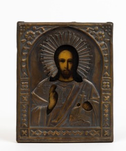 ICON: wooden panel with brass riza, depicting Our Lord Jesus Christ, late 19th Century, 18 x 14.5cm.