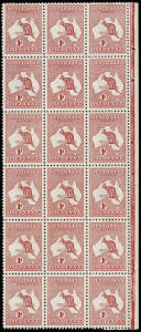 1d Red (Die 2) block of 18 removed intact from a Booklet, with margin at right showing the disposition of the staple holes. MUH; 2 tiny gum tones.