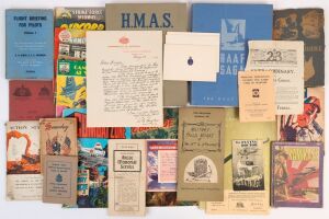 LITERATURE: varied array including hardbound 'H.M.A.S.' (1942) and 'RAAF Saga - The RAAF at War' (1944), both published by Australian War Memorial, softbound 'From Shore to Shore' book of poems by Eric Locke (1944); plus 1937 facsimile of letter sent by B