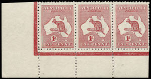 1d Red (Die 2), No Monogram strip of 3 from the left pane; also showing the variety "Large white flaw left of P of POSTAGE" MUH/MLH; minor gum discolouration. BW:3z. - $2000.