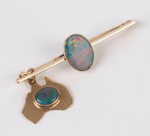A 9ct yellow gold and opal doublet brooch with Australian map pendant, 20th century, 5cm wide