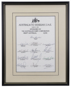 AUSTRALIA to SHARJAH, U.A.E. March 1985 Official Australian team sheet fully signed by the squad captained by Alan Border, with Graeme Wood (Vice Capt.), Terry Alderman, Kim Hughes, Dean Jones, Simon O'Donnell and Kepler Wessels. Framed and glazed; overall 41 x 33cm.