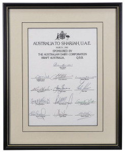 AUSTRALIA to SHARJAH, U.A.E. March 1985 Official Australian team sheet fully signed by the squad captained by Alan Border, with Graeme Wood (Vice Capt.), Terry Alderman, Kim Hughes, Dean Jones, Simon O'Donnell and Kepler Wessels. Framed and glazed; overal