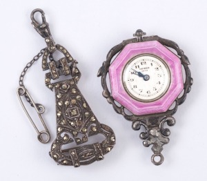 BUCHERER vintage Art Deco pendant brooch watch, silver and pink enamel adorned with marcasite, circa 1925, ​​​​​​​9cm high overall