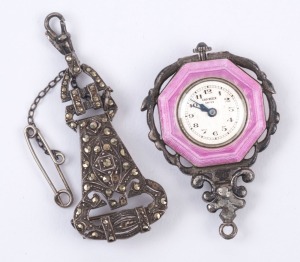 BUCHERER vintage Art Deco pendant brooch watch, silver and pink enamel adorned with marcasite, circa 1925, 9cm high overall