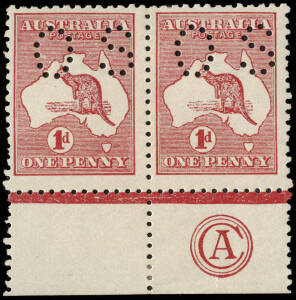 1d Red (Die 2, Plate H) CA Monogram pair perforated Small OS, and with variety “White flaw off Western Australian coast”, MLH. BW:3(H)za+. - $400+ but not priced perf.OS.
