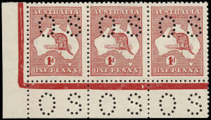 1d Red (Die 2, Plate E) No Monogram corner strip from the left pane, perforated Small OS, MUH/MLH. BW:3(E)z. - $2000. Early State, without variety; unpriced perf.OS.