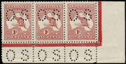 1d Red (Die 2, Plate E) No Monogram coner strip of 3 from the right pane, perforated Small OS, MUH/MLH; several gum bends. BW:3(E)zb. - $1750 but unpriced perf.OS.