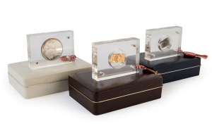 OSCAR BARNACK commemorative silver medallion, a silver UR-Leica miniature, both in cases of issue with seals and original paperwork. Together with a gilt UR-Leica miniature in plastic display case. (3 items)