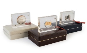 OSCAR BARNACK commemorative silver medallion, a silver UR-Leica miniature, both in cases of issue with seals and original paperwork. Together with a gilt UR-Leica miniature in plastic display case. (3 items)