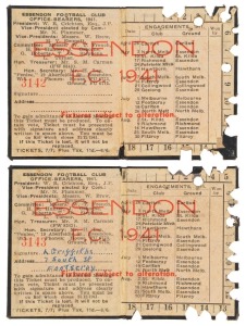 ESSENDON: 1941 Member's Season Tickets (2) CONSECUTIVELY NUMBERED '3142' & '3143'' (scarce thus) with Fixture List & holes punched for each game attended. Both in Fair/Good condition. Essendon finished 4th on the VFL ladder, and progressed to the Grand Final where they lost to Melbourne by 29pts.