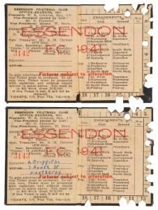 ESSENDON: 1941 Member's Season Tickets (2) CONSECUTIVELY NUMBERED '3142' & '3143'' (scarce thus) with Fixture List & holes punched for each game attended. Both in Fair/Good condition. Essendon finished 4th on the VFL ladder, and progressed to the Grand F