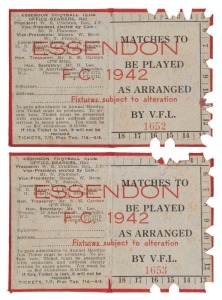 ESSENDON: 1942 Member's Season Tickets (2) CONSECUTIVELY NUMBERED '1652' & '1653'' (scarce thus) with Fixture List & holes punched for each game attended. Both in Good/Very Good condition. Premiership Year - Essendon's 7th Premiership, defeating Richmond 132-79 in the Grand Final.