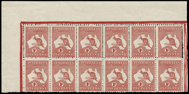 1d Red (Die 2A) upper left corner block of 12 from the left pane, the complete top row of 6 affected by doubling of the horizontal and vertical perforations (and all **); lightly mounted on 2 lower units. MUH/MLH. BW:4b. - $4100+.