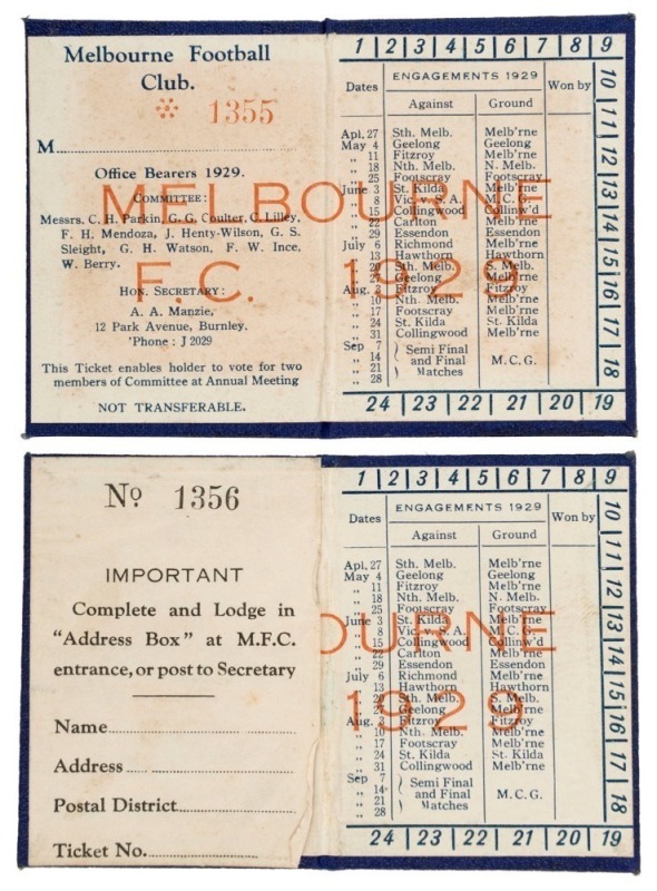 MELBOURNE: Member's Season Tickets for 1929 (2), CONSECUTIVELY NUMBERED '1355' & '1356', with fixture lists, both UNPUNCTURED (for games attended), the latter with M.F.C. "Address Box" notice adhered to the inner cover; G/VG condition.