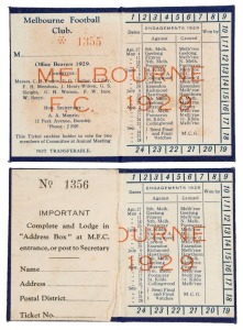 MELBOURNE: Member's Season Tickets for 1929 (2), CONSECUTIVELY NUMBERED '1355' & '1356', with fixture lists, both UNPUNCTURED (for games attended), the latter with M.F.C. "Address Box" notice adhered to the inner cover; G/VG condition.