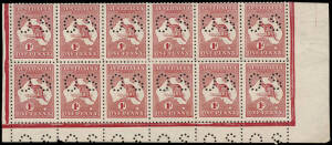 1d Red (Die2A, Plate H) No Monogram block of 12 from the right pane, perforated Small OS and also showing the varieties at R56 "White flaw below south-western Victoria" and R60 "Break in lower left of value circle". Unused. BW:4zb. - $2500+.