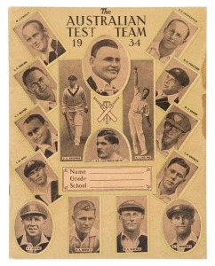 1934 AUSTRALIAN TEST TEAM TO ENGLAND: A school exercise book, the front cover with "The Australian Test Team 1934" heading together with portrait photographs of the sixteen in the touring party (including Barnett and Fleetwood-Smith who did not appear in any of the Tests). The rear cover with the usual "Arithmetical Tables"; the first several internal pages with some English history in a juvenile hand. The only example known to us.