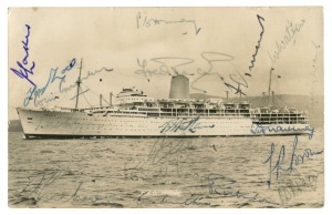 THE 1958 ENGLAND TEAM TO AUSTRALIA: A real photo postcard depicting the P. & O. Iberia, fully signed in ink by the England touring party which included Cowdrey, Graveney, May, Statham and Laker.
