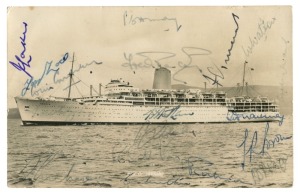 THE 1958 ENGLAND TEAM TO AUSTRALIA: A real photo postcard depicting the P. & O. Iberia, fully signed in ink by the England touring party which included Cowdrey, Graveney, May, Statham and Laker.