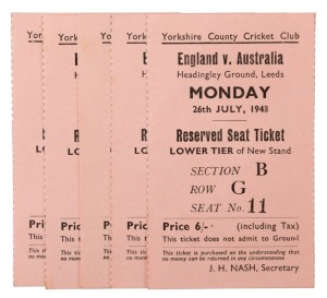 1948 ASHES ENGLAND v AUSTRALIA - 3rd TEST: Yorkshire Cricket Club reserved seat entrance tickets for 22nd, 23rd, 24th, 26th & 27th July for the five-day Test held at the Headingley Cricket Ground (Leeds). (5)