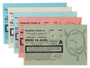 1948 ASHES ENGLAND v AUSTRALIA - 5th TEST: Surrey County Cricket Club reserved seat entrance tickets for 16th 17th, 18th, 19th August plus a single "Any One Day" ticket, for the five-day Test held at the Kensington Oval Cricket Ground (Leeds). (5)