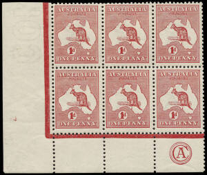1d Red (Die 2A, Plate H) CA Monogram corner block of 6 from the left pane, MUH. BW:4(H)z. - $1250+.