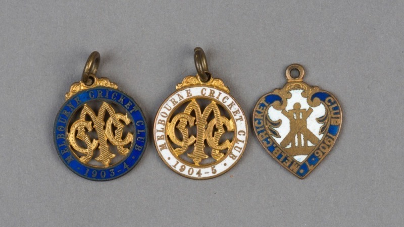 MELBOURNE CRICKET CLUB, membership fobs for 1903-04 (#768), 1904-05 (#677) & 1906-07 (#207); all made by Stokes and all low numbers., (3).